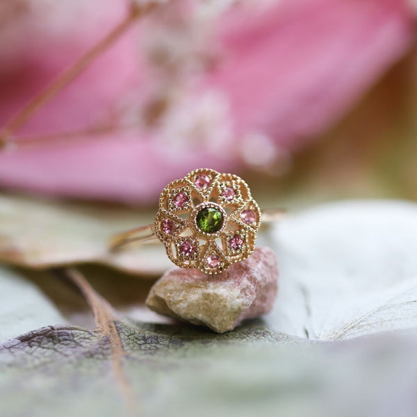 Bague Adria vermeil rétro tourmaline rose et verte