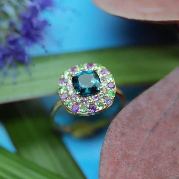 Bague vermeil Rivoli -Topaze London Blue -Tourmaline verte -Améthyste