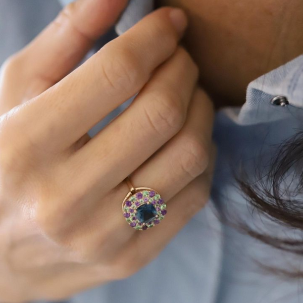 Bague vermeil Rivoli -Topaze London Blue -Tourmaline verte -Améthyste