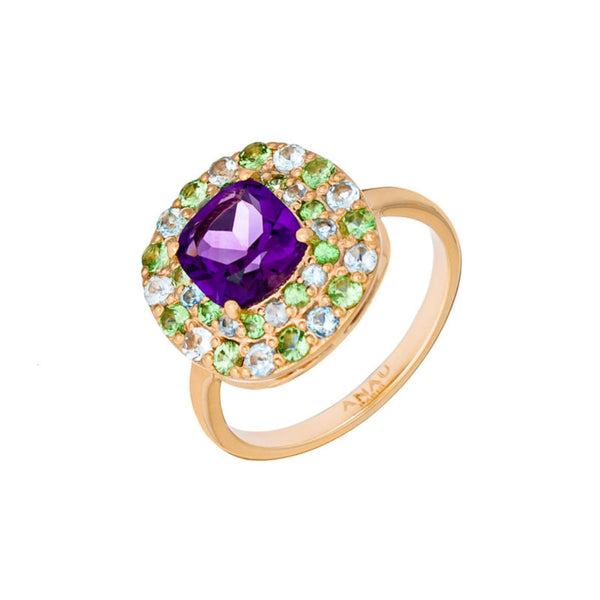 Bague vermeil Rivoli Améthyste -Tourmaline verte -Topaze Sky blue
