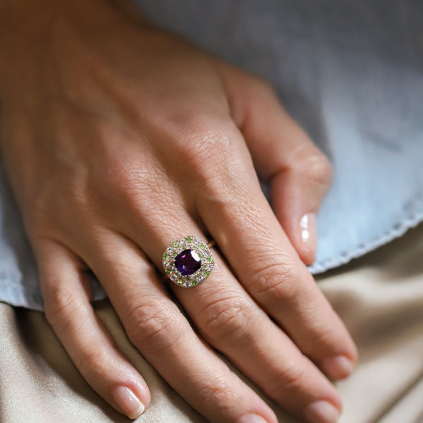 Bague vermeil Rivoli Améthyste -Tourmaline verte -Topaze Sky blue