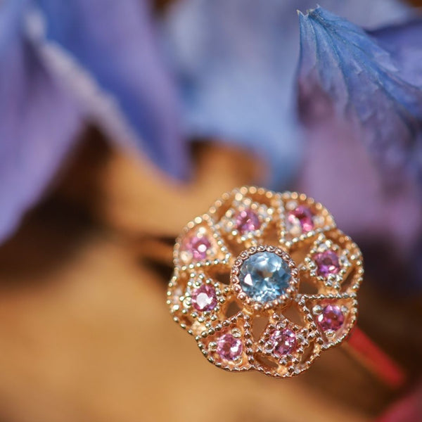 Bague vermeil Adria Topaze Swiss blue - Tourmaline rose